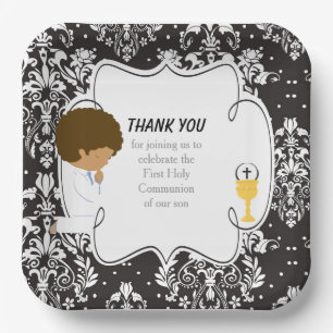 First Communion African American Black Damask Paper Plates