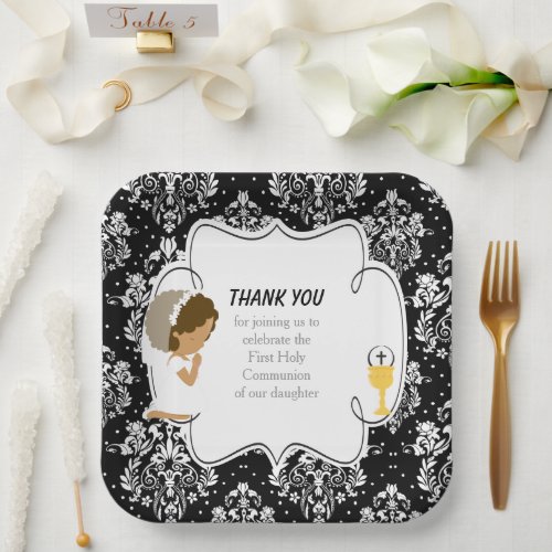 First Communion African American Black Damask Paper Plates