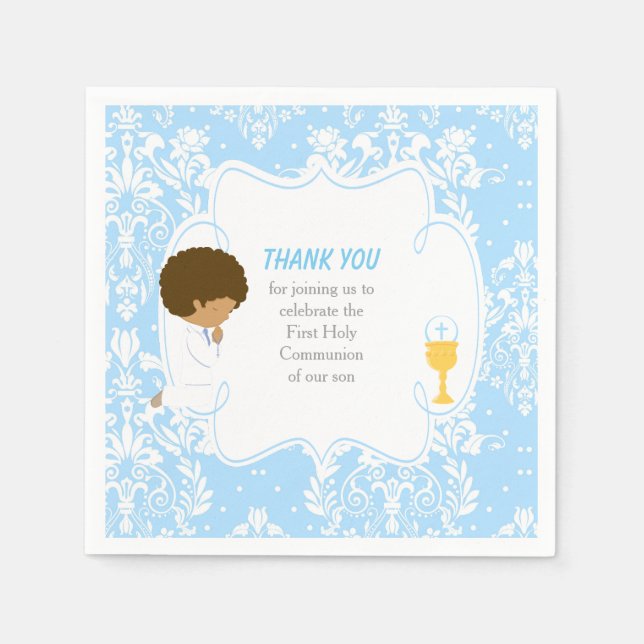 First Communion African American Blue Damask Napkins (Front)