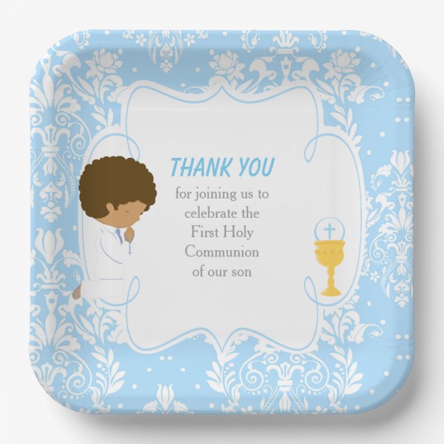 First Communion African American Blue Damask Paper Plates (Front)