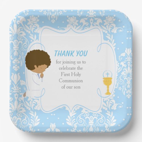 First Communion African American Blue Damask Paper Plates