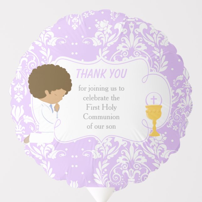 First Communion African American Boy Purple Damask Balloon (Front)