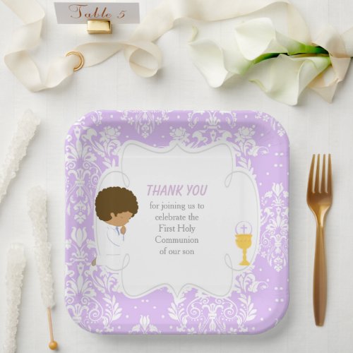 First Communion African American Boy Purple Damask Paper Plates