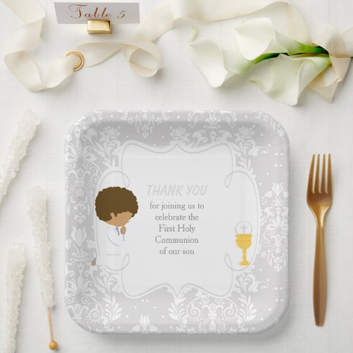 First Communion African American Boy Silver Damask Paper Plates