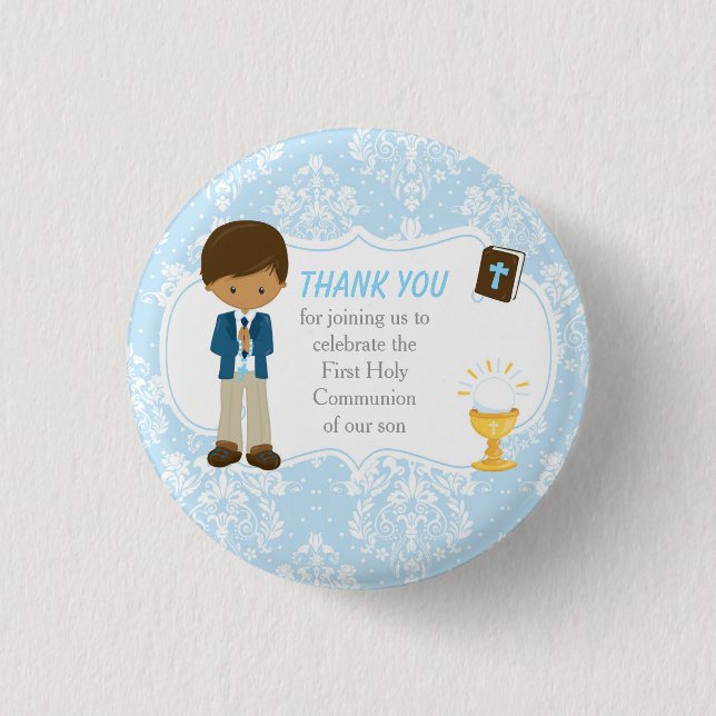 First Communion African American Boy Thank You Button (Front)