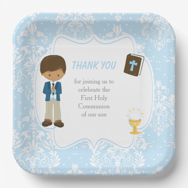 First Communion African American Boy Thank You Paper Plates (Front)