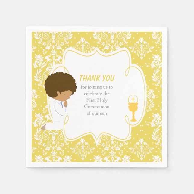 First Communion African American Gold Damask Napkins (Front)