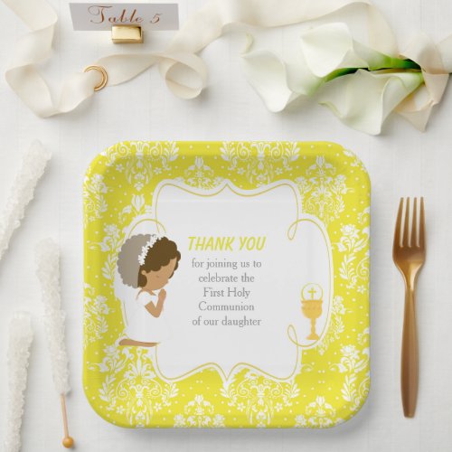 First Communion African American Gold Damask Paper Plates