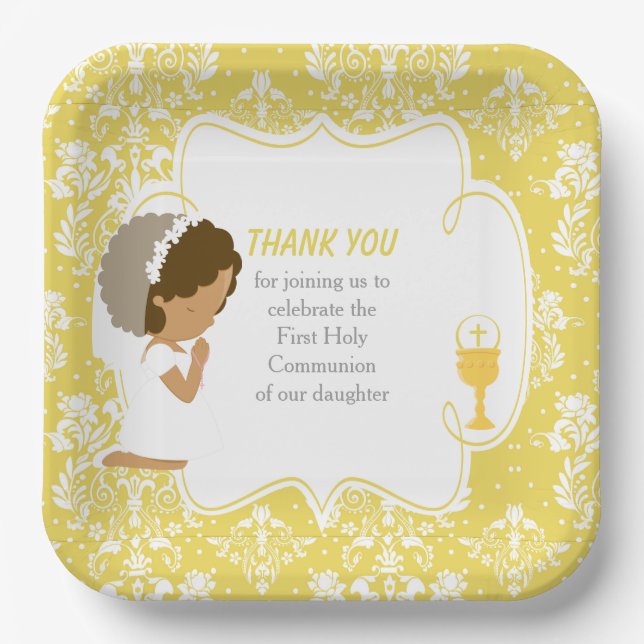 First Communion African American Gold Damask Paper Plates (Front)
