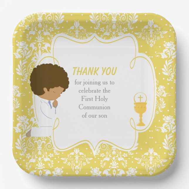 First Communion African American Gold Damask Paper Plates (Front)