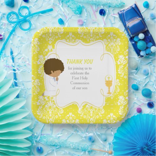 First Communion African American Gold Damask Paper Plates