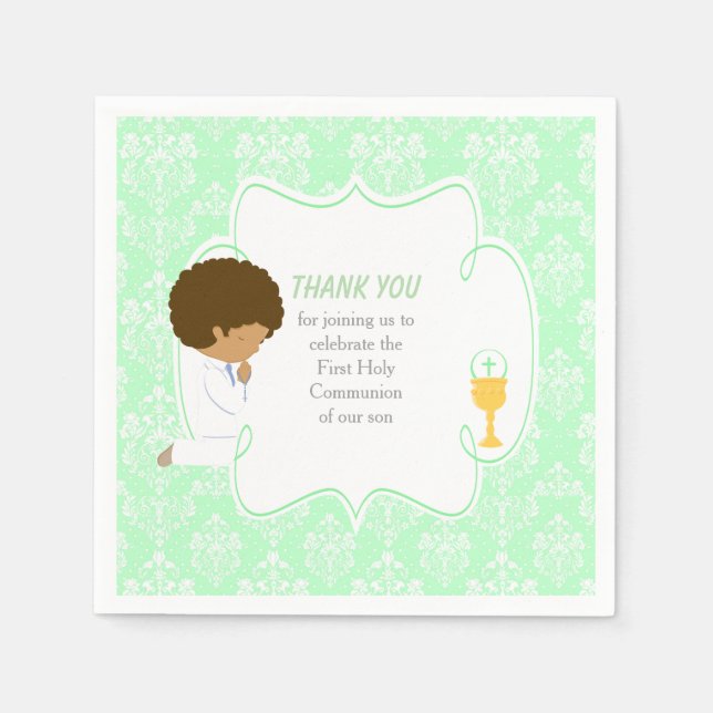 First Communion African American Green Damask Napkins (Front)