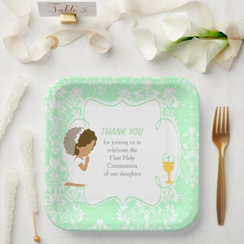 First Communion African American Green Damask Paper Plates
