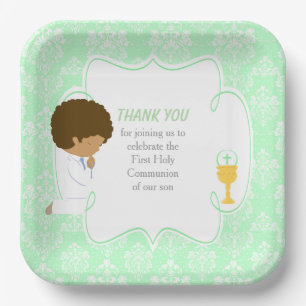 First Communion African American Green Damask Paper Plates