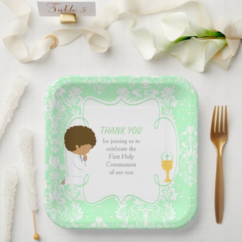 First Communion African American Green Damask Paper Plates