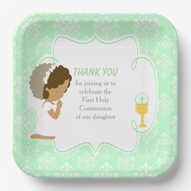 First Communion African American Green Damask Paper Plates (Front)