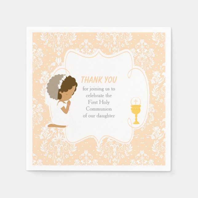 First Communion African American Peach Damask Napkins (Front)