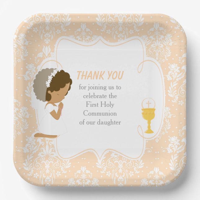 First Communion African American Peach Damask Paper Plates (Front)