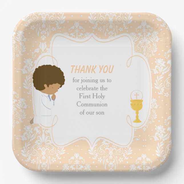 First Communion African American Peach Damask Paper Plates (Front)