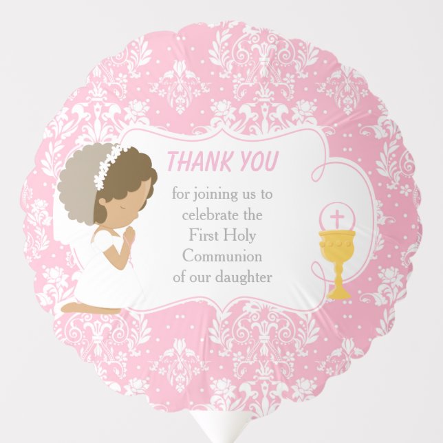 First Communion African American Pink Damask Balloon (Front)