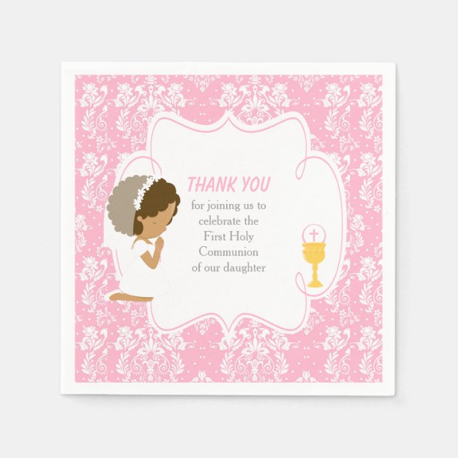 First Communion African American Pink Damask Napkins (Front)