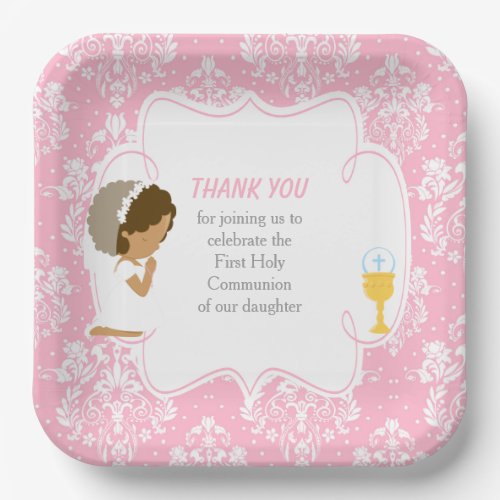 First Communion African American Pink Damask Paper Plates