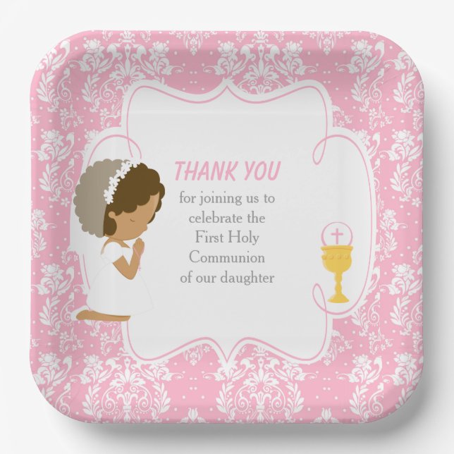 First Communion African American Pink Damask Paper Plates (Front)
