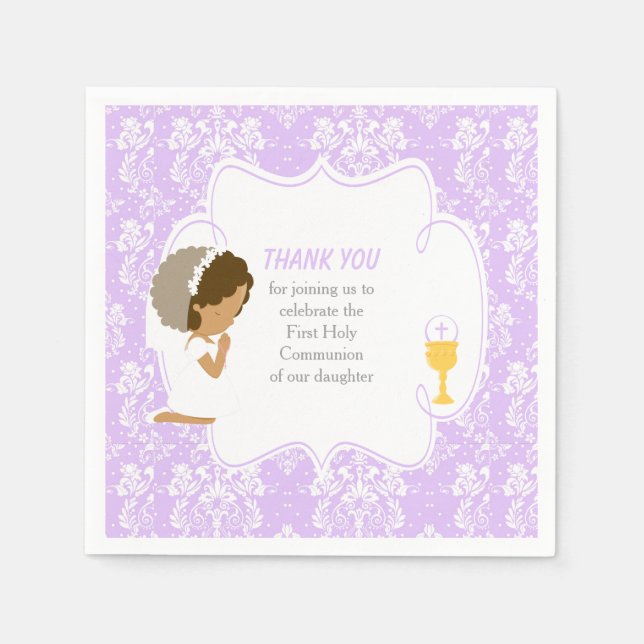 First Communion African American Purple Damask Napkins (Front)