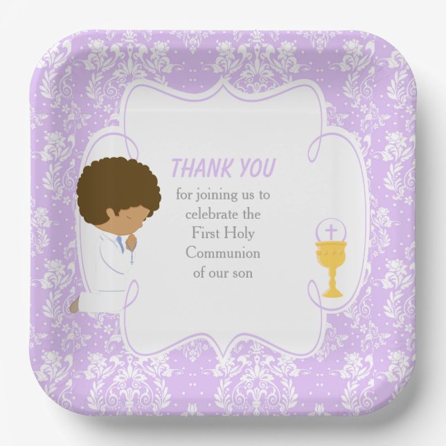 First Communion African American Purple Damask Paper Plates (Front)