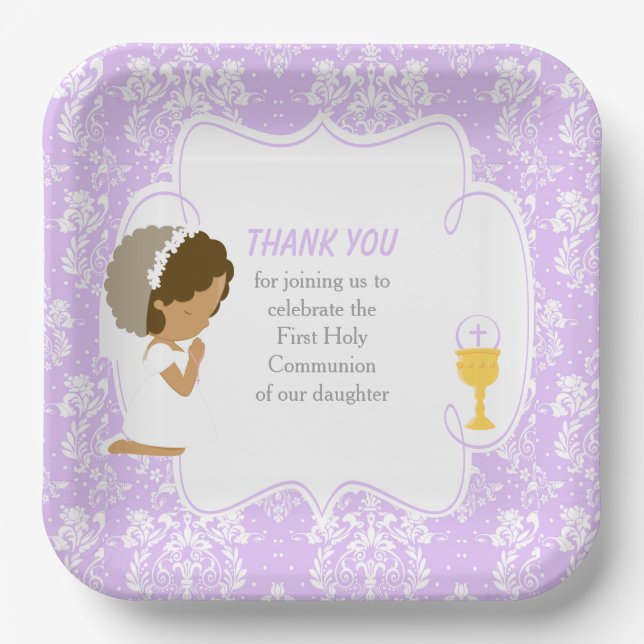 First Communion African American Purple Damask Paper Plates (Front)