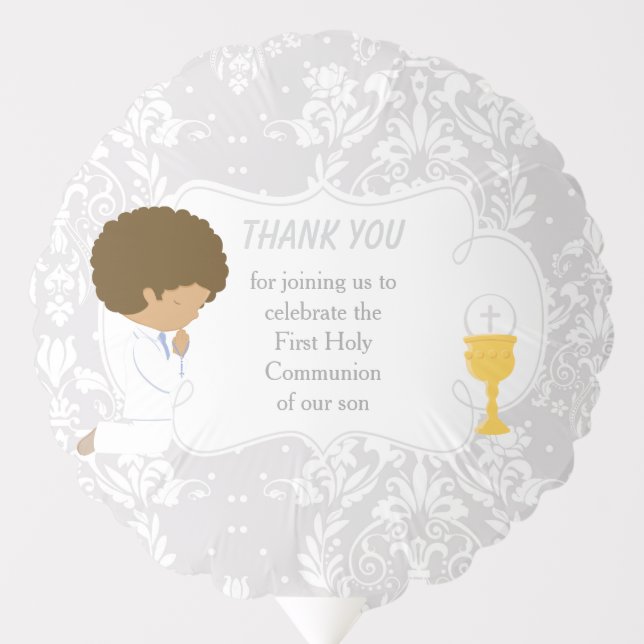 First Communion African American Silver Damask Balloon (Front)