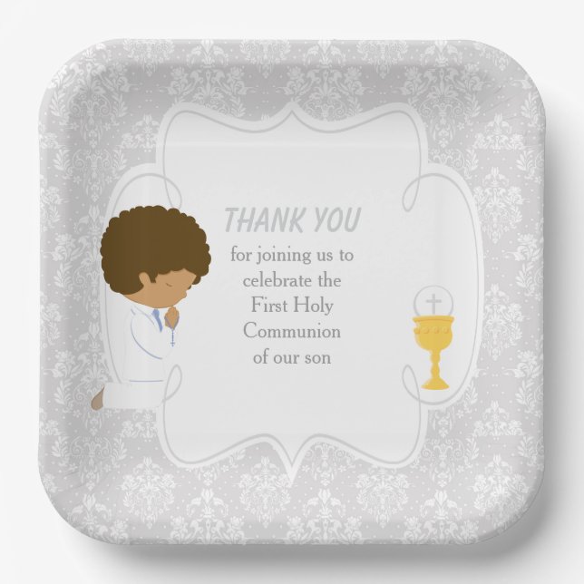 First Communion African American Silver Damask Paper Plates (Front)
