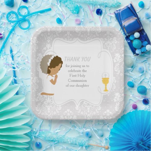 First Communion African American Silver Damask Paper Plates
