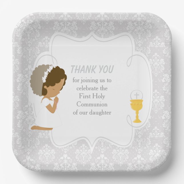 First Communion African American Silver Damask Paper Plates (Front)