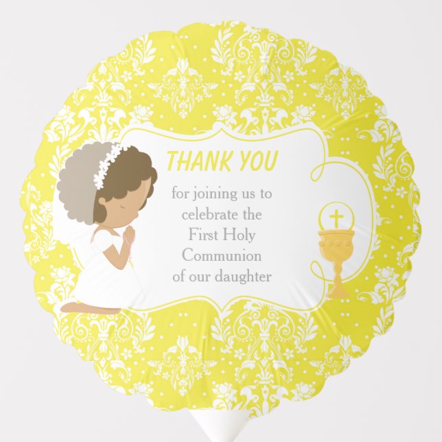 First Communion African American Yellow Damask Balloon (Front)