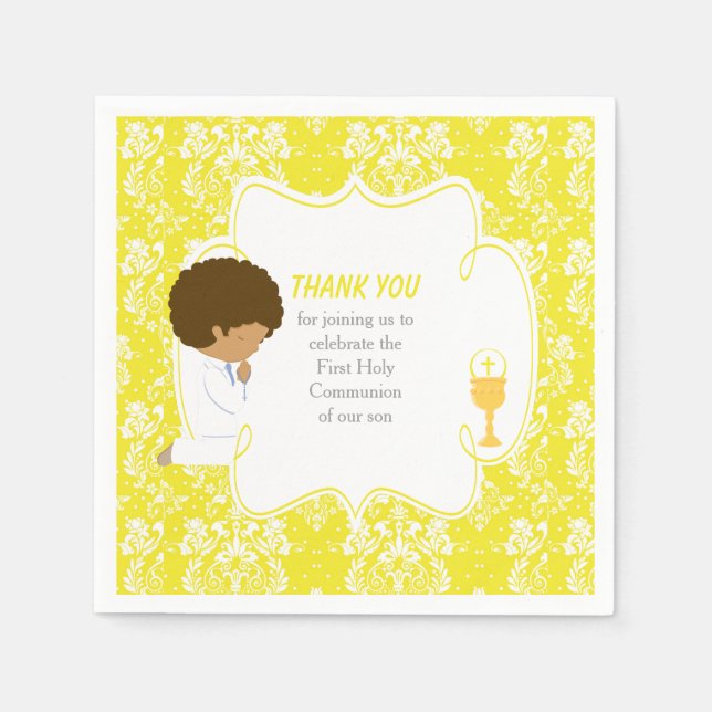First Communion African American Yellow Damask Napkins (Front)