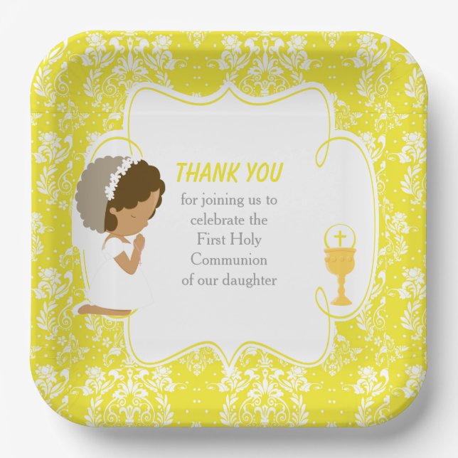 First Communion African American Yellow Damask Paper Plates (Front)