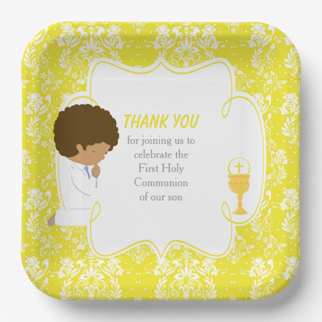 First Communion African American Yellow Damask Paper Plates (Front)