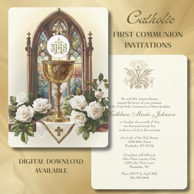 First Communion Altar Chalice Host White Roses  Invitation (Creator Uploaded)