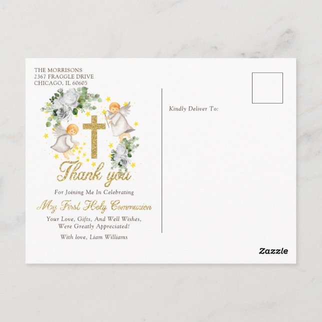 First Communion Angels Glitter Thank you Postcard (Back)