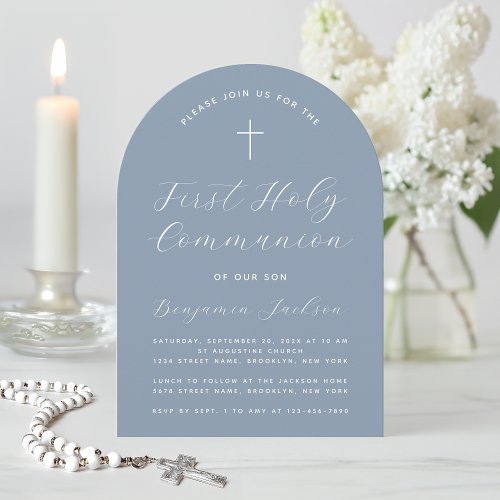 First Communion Arch Dusty Blue Modern Script