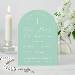 First Communion Arch Mint Green Simple Handwriting Invitation