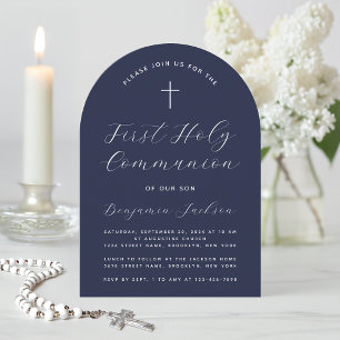 First Communion Arch Navy Blue Simple Script Boy Invitation