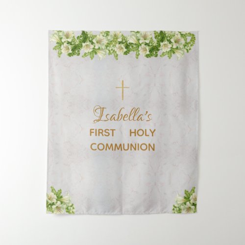 First Communion Backdrop Marble Gold Cross Lilies