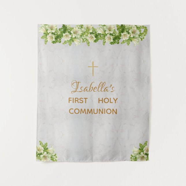 First Communion Backdrop Marble Gold Cross Lilies (Front)