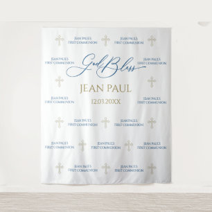 First Communion banner backdrop blue and gold