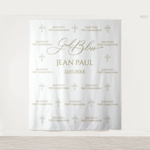 First Communion banner backdrop gold