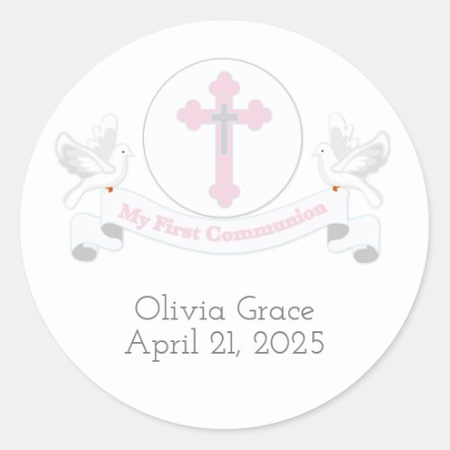 First Communion Banner with Doves Classic Round Sticker