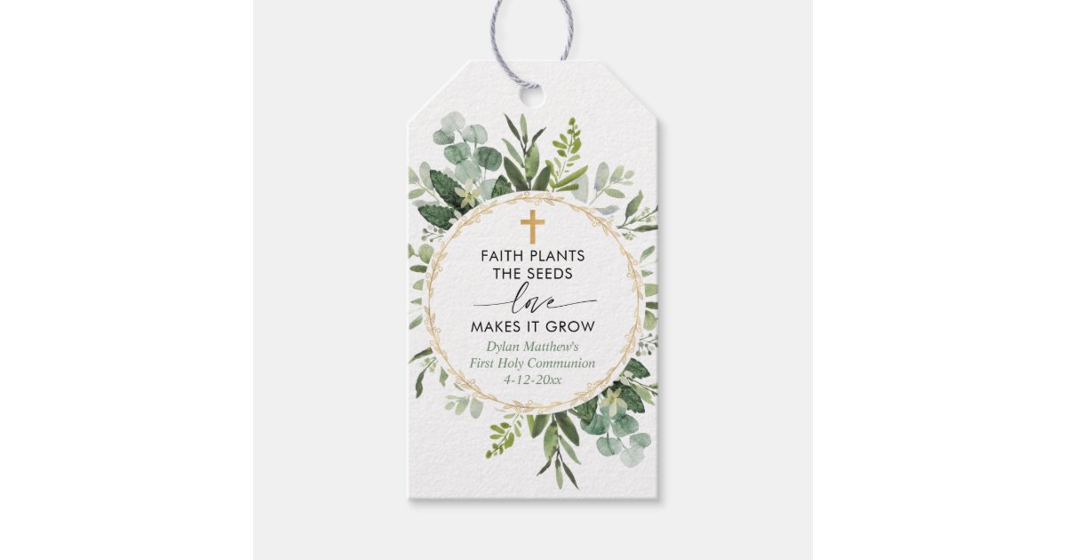 First Communion baptism gold greenery favor tags | Zazzle first-communion-baptism-gold-greenery-favor-tags-zazzle