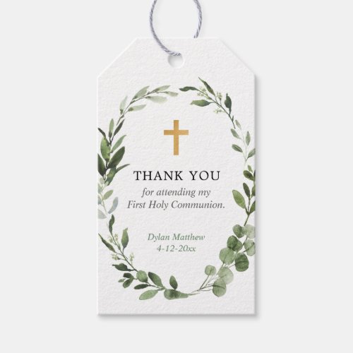 First Communion baptism gold greenery favor tags